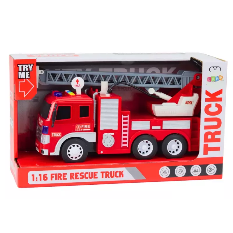 LEAN TOYS Carro de bombeiros com braço 1:16 luzes sons água propulsão vermelho