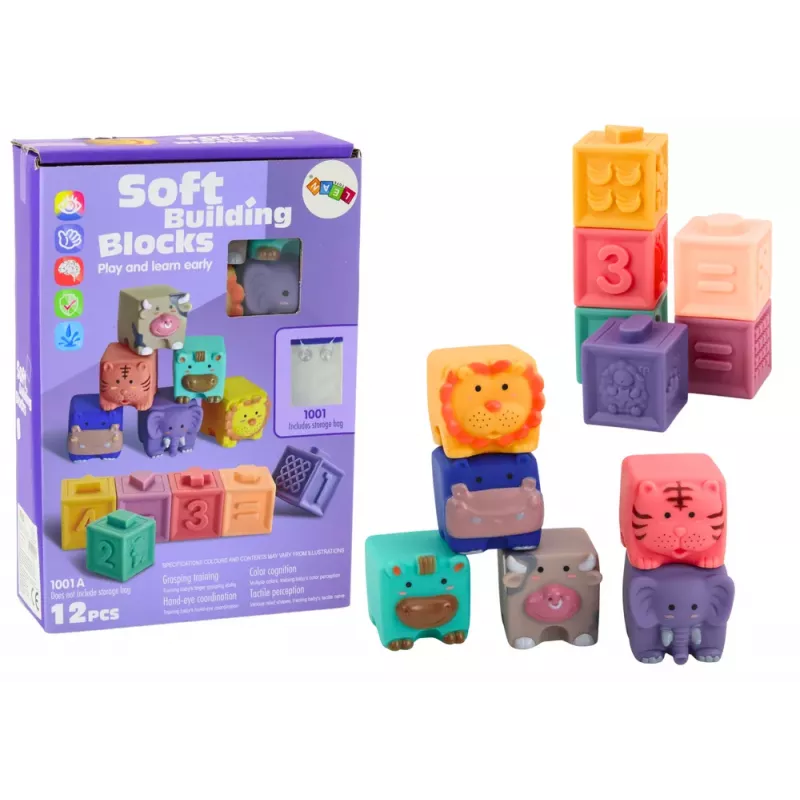 LEAN TOYS Blocos de aprendizagem macios animais números letras coloridos 12 unid.