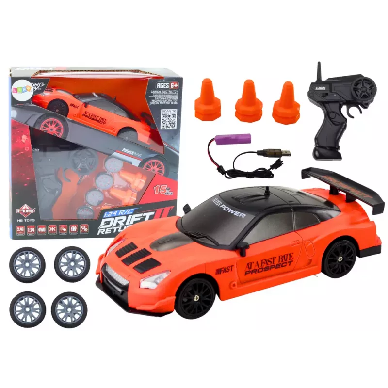 LEAN TOYS Carro desportivo R/C com controlo remoto 1:24 laranja com rodas intercambiáveis