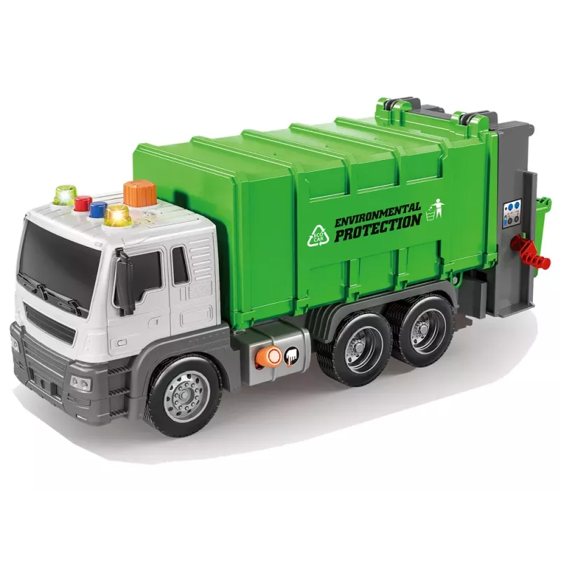 LEAN TOYS Camião do lixo com propulsão por fricção, efeitos sonoros, verde, 1:16, sortido