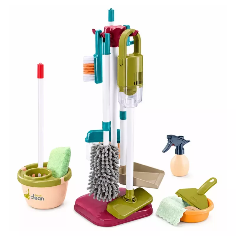 LEAN TOYS Conjunto de limpeza com aspirador, esfregona, suporte e acessórios para crianças, 23 peças