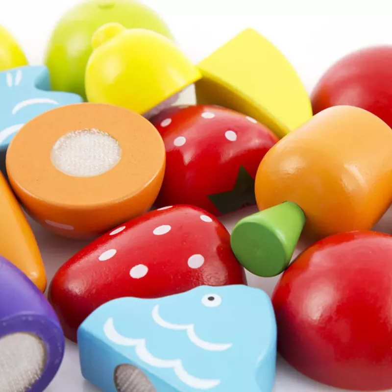 LEAN TOYS Conjunto de corte de legumes e frutas em balde com tábua, faca, madeira