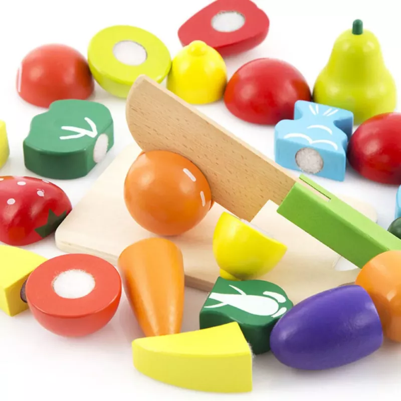 LEAN TOYS Conjunto de corte de legumes e frutas em balde com tábua, faca, madeira