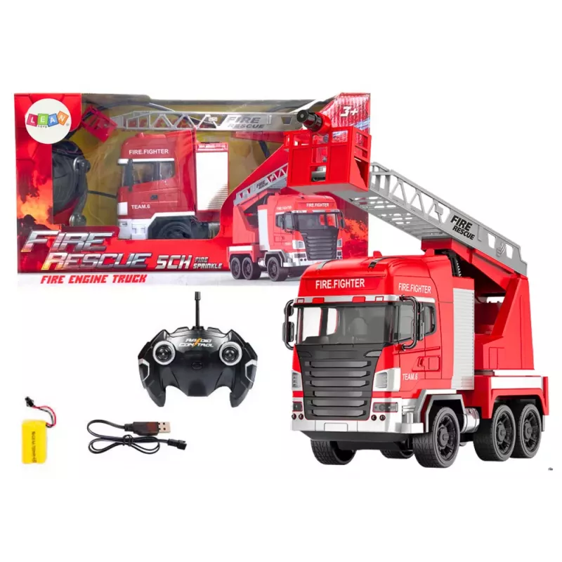 LEAN TOYS Carro de bombeiros com braço e controlo remoto RC com luzes de pulverização