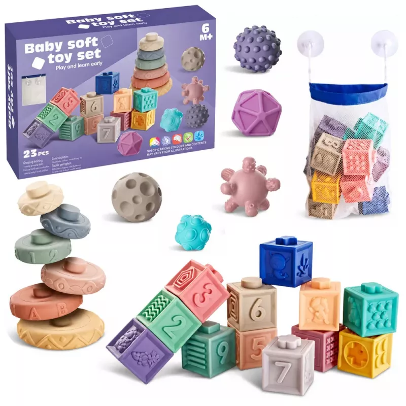 LEAN TOYS Blocos educativos de borracha macia animais, números e padrões coloridos 27 unid.