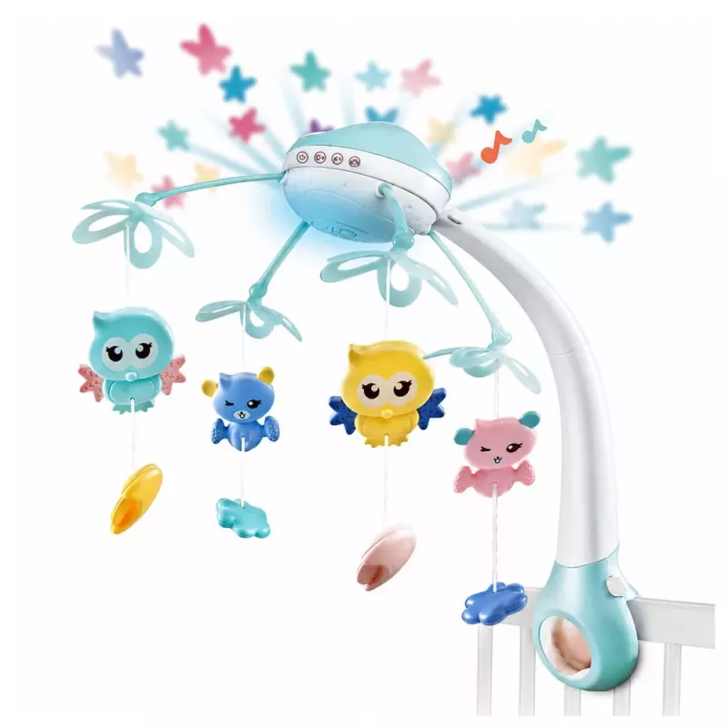 LEAN TOYS Carrossel para berço com projetor e controlo remoto, melodias e sons de animais azul