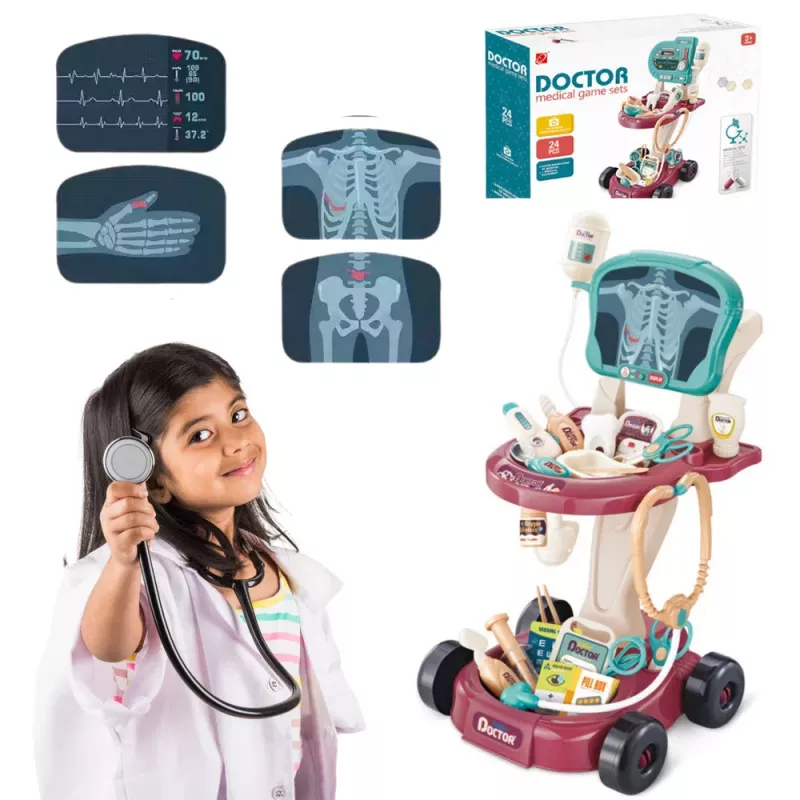 LEAN TOYS Conjunto médico em carrinho, pequena mesa de médico, ferramentas de ECG