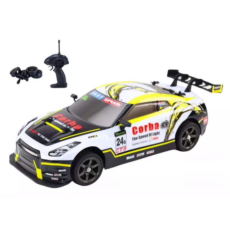 LEAN TOYS Carro desportivo RC 1:16 drift rodas intercambiáveis branco e amarelo