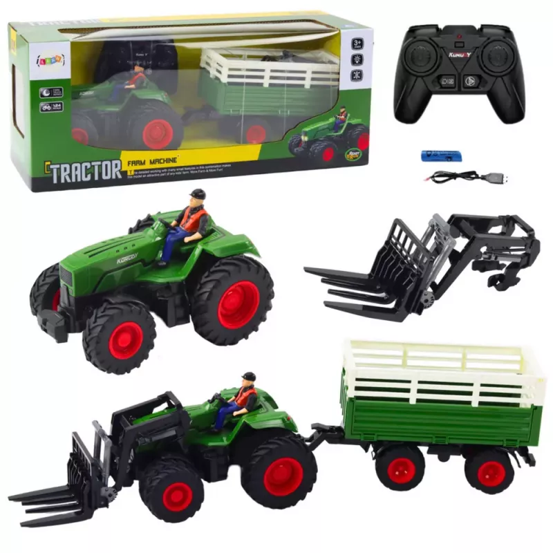 LEAN TOYS Trator agrícola com atrelado e forquilhas telecomandado RC 2.4G
