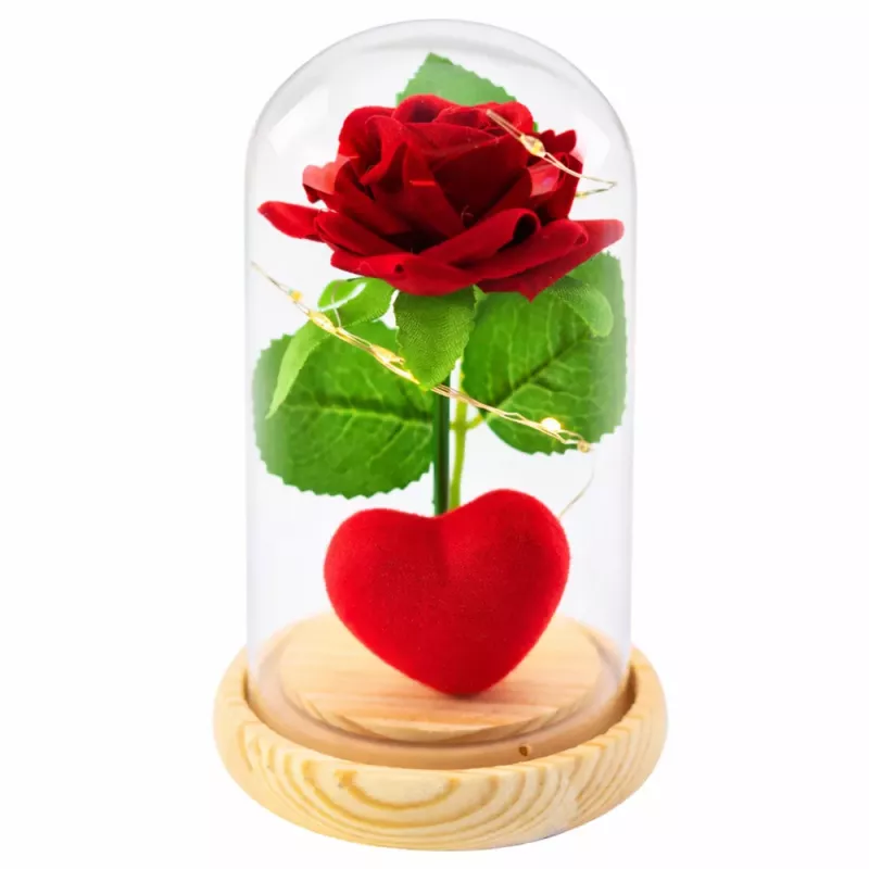 LEAN Rosa eterna em campânula com iluminação LED vermelha com coração 14x8cm