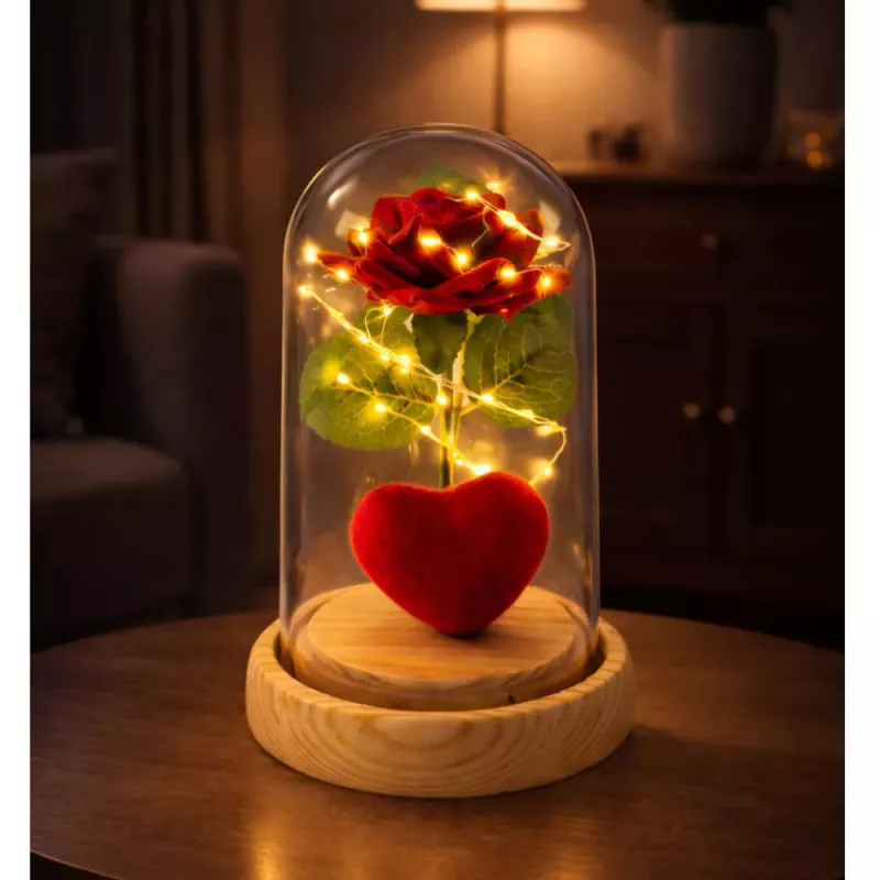 LEAN Rosa eterna em campânula com iluminação LED vermelha com coração 14x8cm