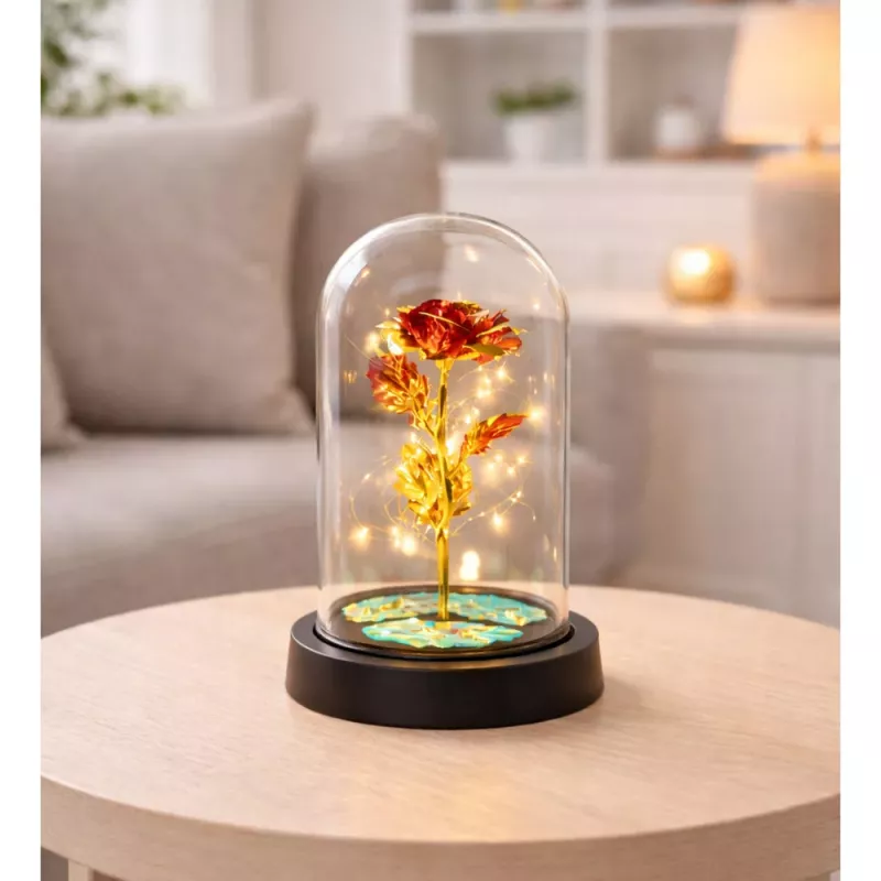 LEAN Rosa eterna de cristal em campânula com iluminação LED vermelha 21x11cm