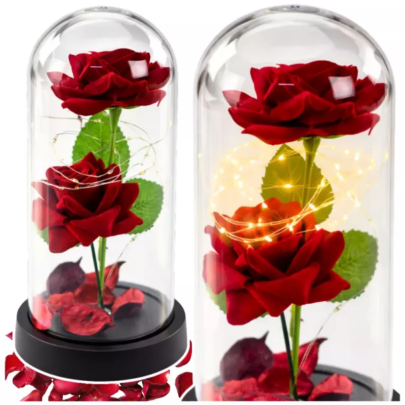 LEAN 2 rosas eternas em campânula com iluminação LED e pétalas de rosa vermelhas 21x11cm