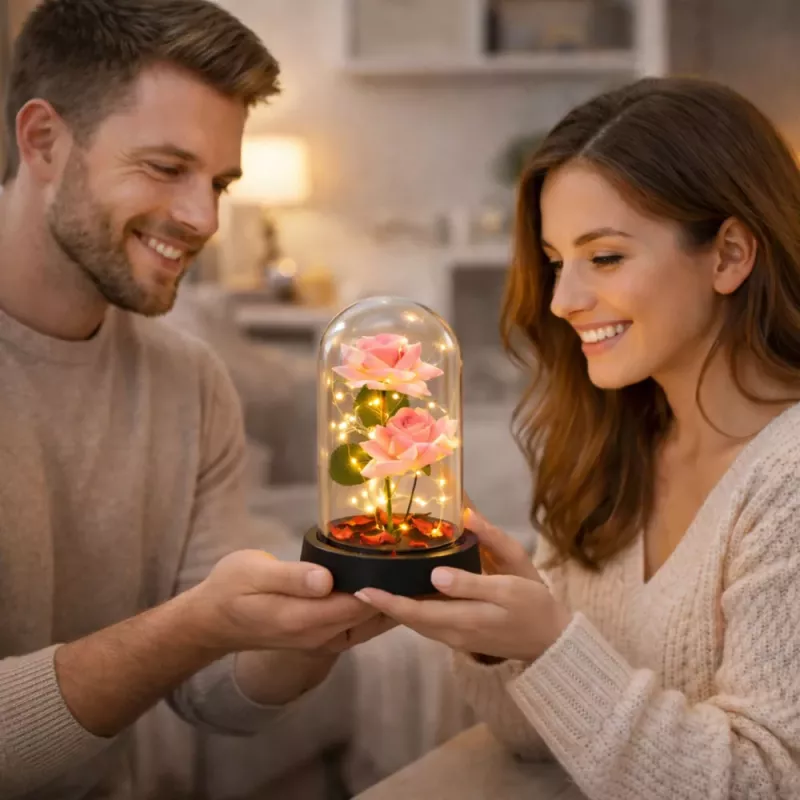 LEAN Rosas eternas em campânula com iluminação LED e pétalas de rosa cor-de-rosa 21x11cm