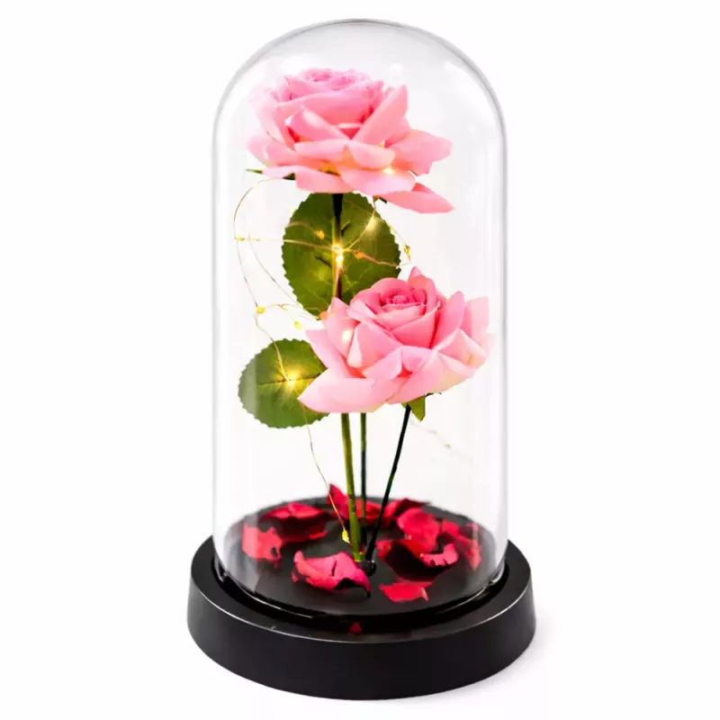 LEAN Rosas eternas em campânula com iluminação LED e pétalas de rosa cor-de-rosa 21x11cm