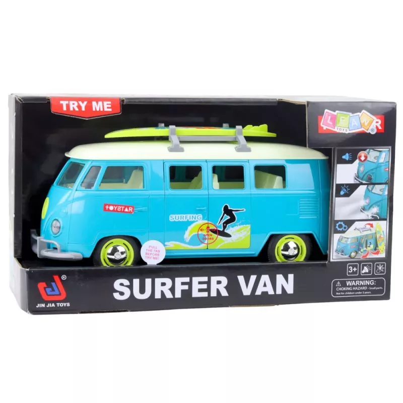LEAN TOYS Carro van de surf autocarro com prancha de surf, luz e som, turquesa