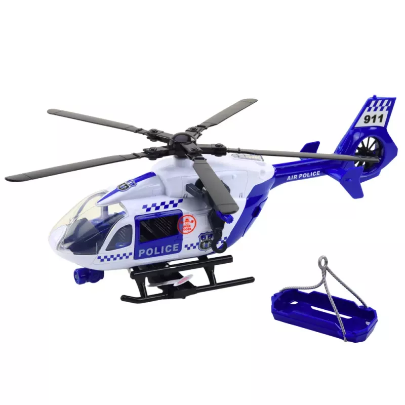 LEAN TOYS Helicóptero da polícia com gancho, maca, luzes e sons, escala 1:12