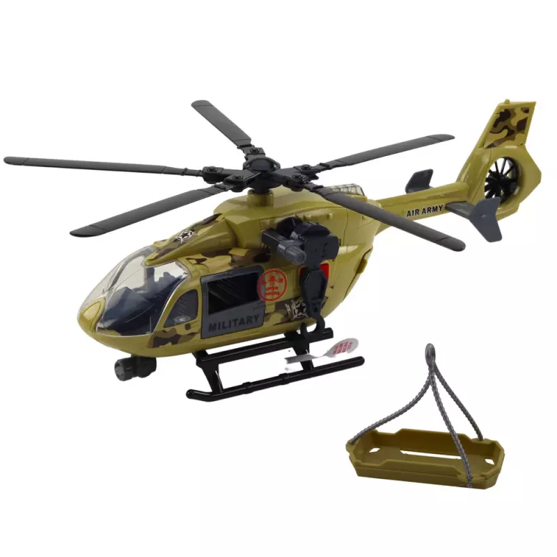 LEAN TOYS Helicóptero militar com gancho e maca – luz e som – escala 1:14