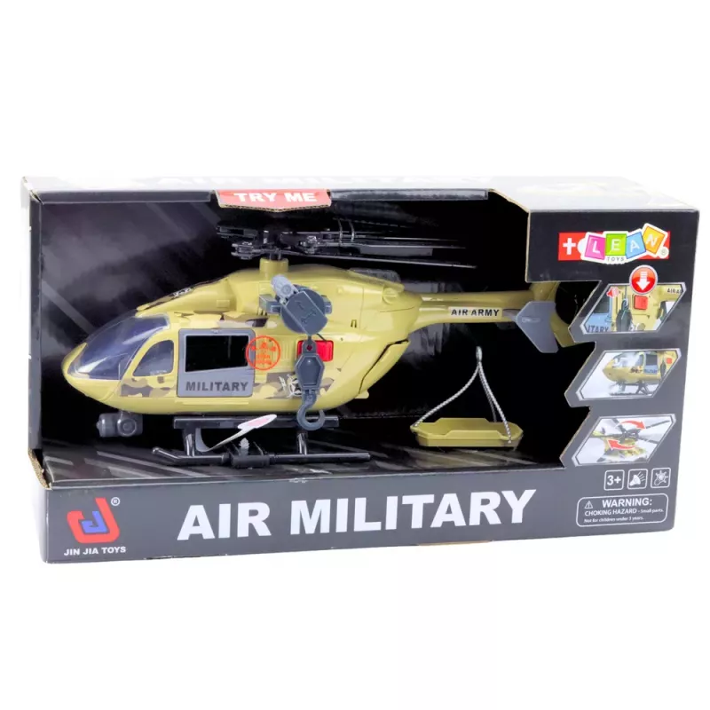 LEAN TOYS Helicóptero militar com gancho e maca – luz e som – escala 1:14
