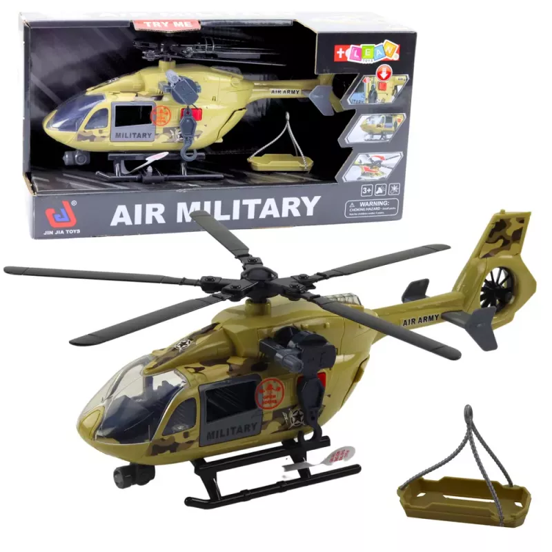 LEAN TOYS Helicóptero militar com gancho e maca – luz e som – escala 1:14