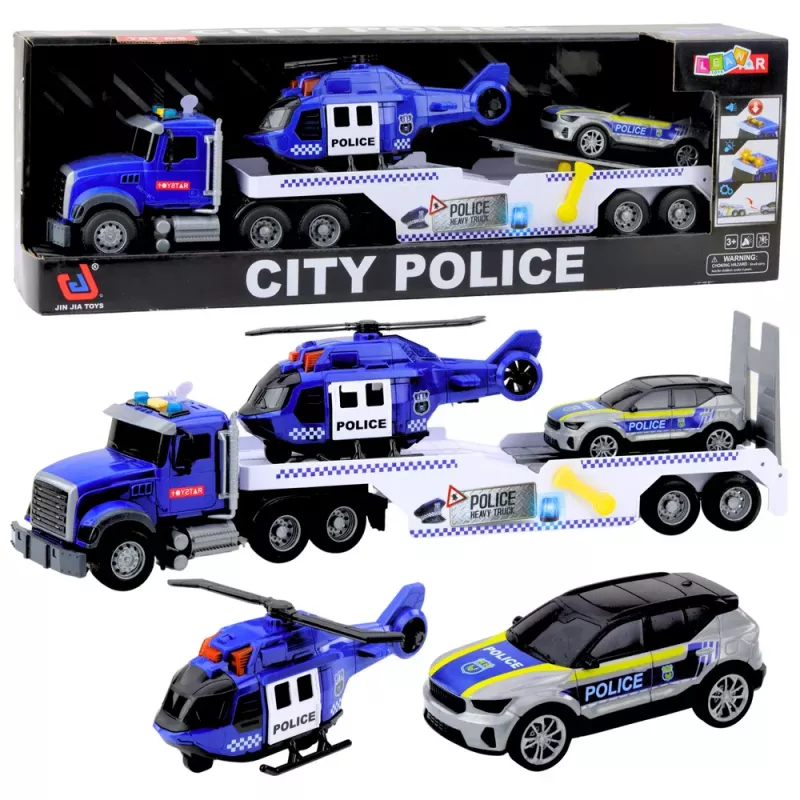 LEAN TOYS Conjunto camião da polícia, helicóptero e carro com luz e som