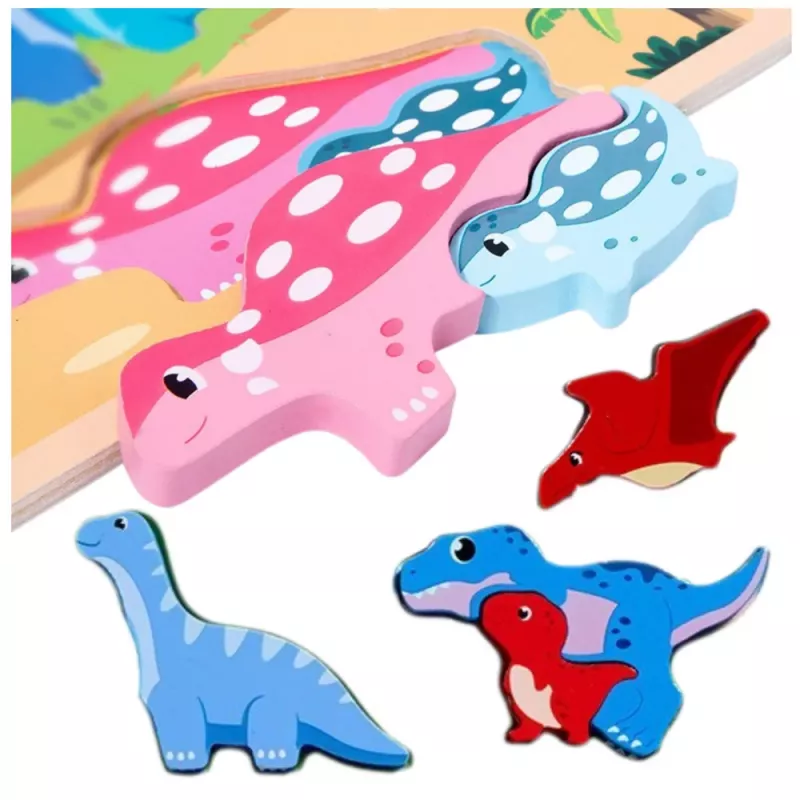 LEAN TOYS Puzzle 2 em 1 Quadro de Madeira Educativo Marcador Dinossauros 12 unid.