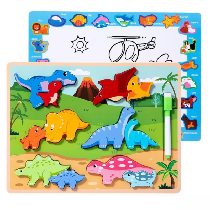 LEAN TOYS Puzzle 2 em 1 Quadro de Madeira Educativo Marcador Dinossauros 12 unid.