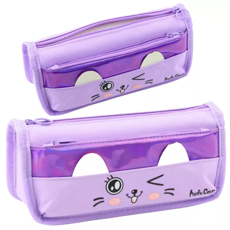 LEAN Estojo Escolar Dois Bolsos Motivo Gato Roxo 22 cm