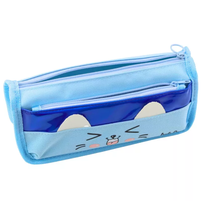 LEAN TOYS Estojo Escolar com Dois Compartimentos Motivo Gatos Azul 22 cm