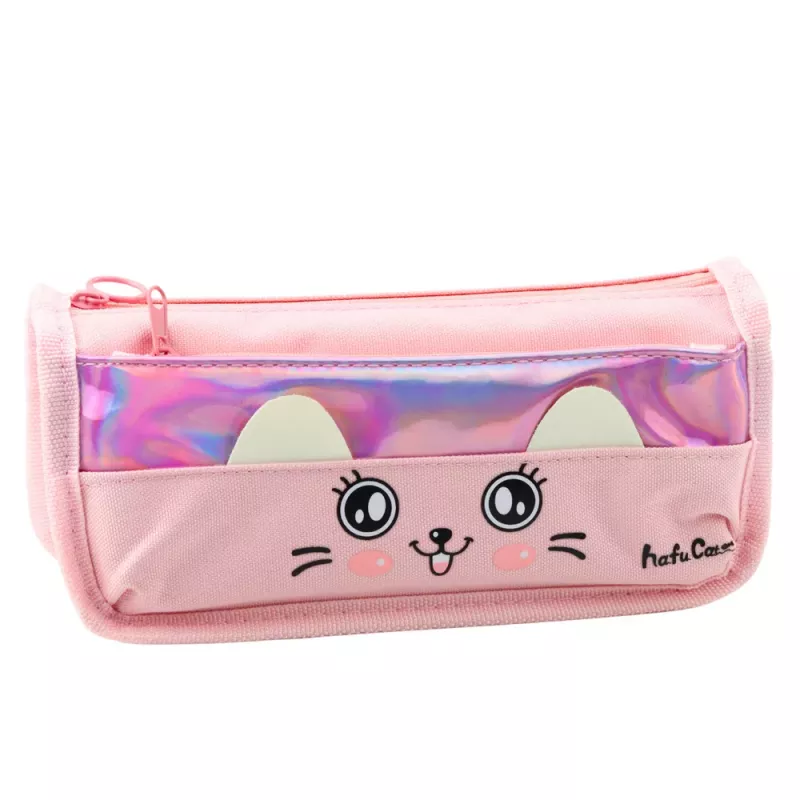 LEAN Estojo Escolar com Gato Dois Bolsos Rosa 21,5 cm