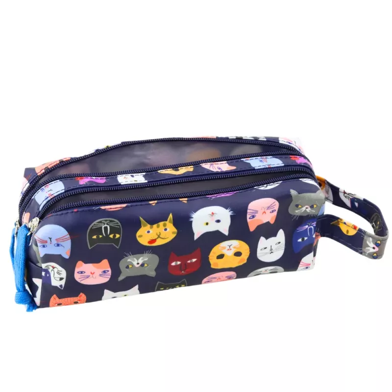 LEAN Estojo Escolar Colorful Cats Dois Compartimentos Azul-marinho 22 cm
