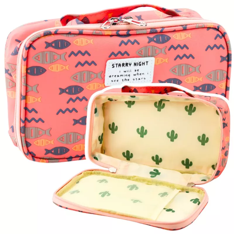 LEAN Estojo Escolar Organizador Espaçoso Bolso Adicional Peixes Rosa 21,5 cm