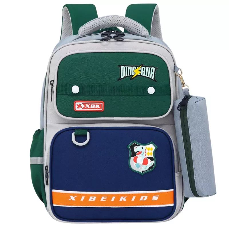 LEAN Mochila escolar com patches de dinossauro com estojo Cinzento 16L