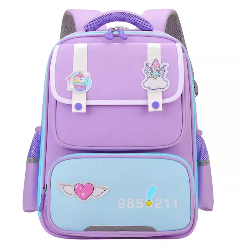 LEAN Mochila escolar com patches e alça de peito Roxo 16L