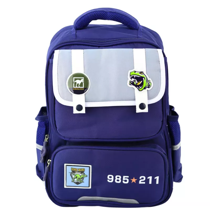 LEAN Mochila Escolar com Aplicações Dinossauros e Correia Peitoral Azul-marinho 39x27x15 cm