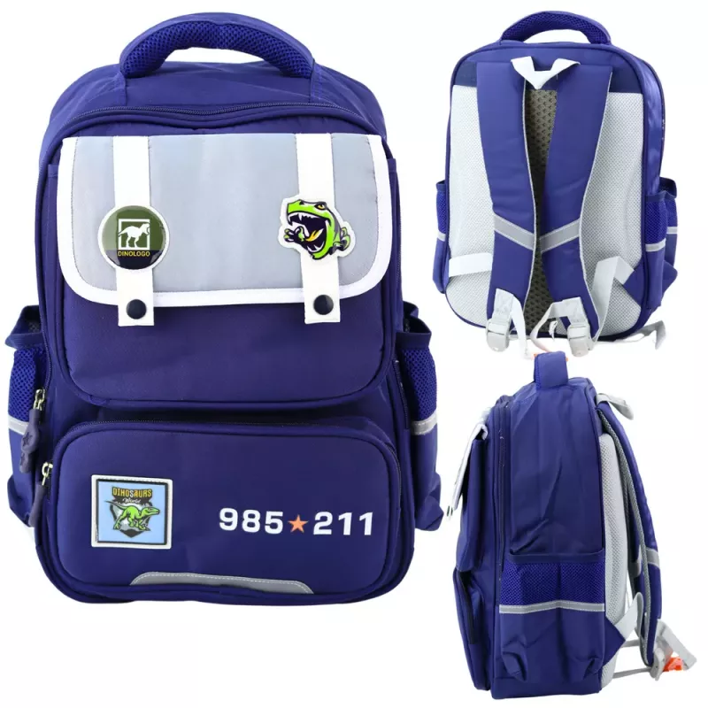 LEAN Mochila Escolar com Aplicações Dinossauros e Correia Peitoral Azul-marinho 39x27x15 cm