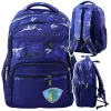 Mochila Escolar LEAN com Aplicação Dinossauro T-Rex e Alça de Peito Azul-marinho 20L