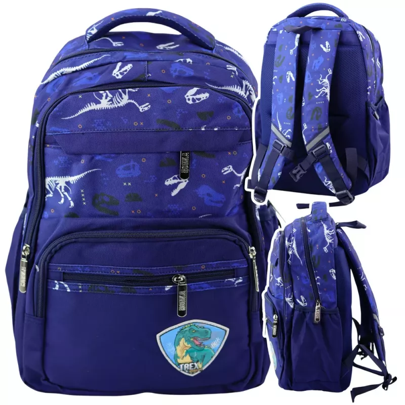 Mochila Escolar LEAN com Aplicação Dinossauro T-Rex e Alça de Peito Azul-marinho 20L