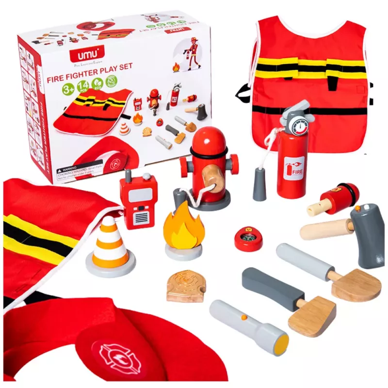 LEAN TOYS Conjunto de Fato de Bombeiro Acessórios de Bombeiro em Madeira 14 Peças