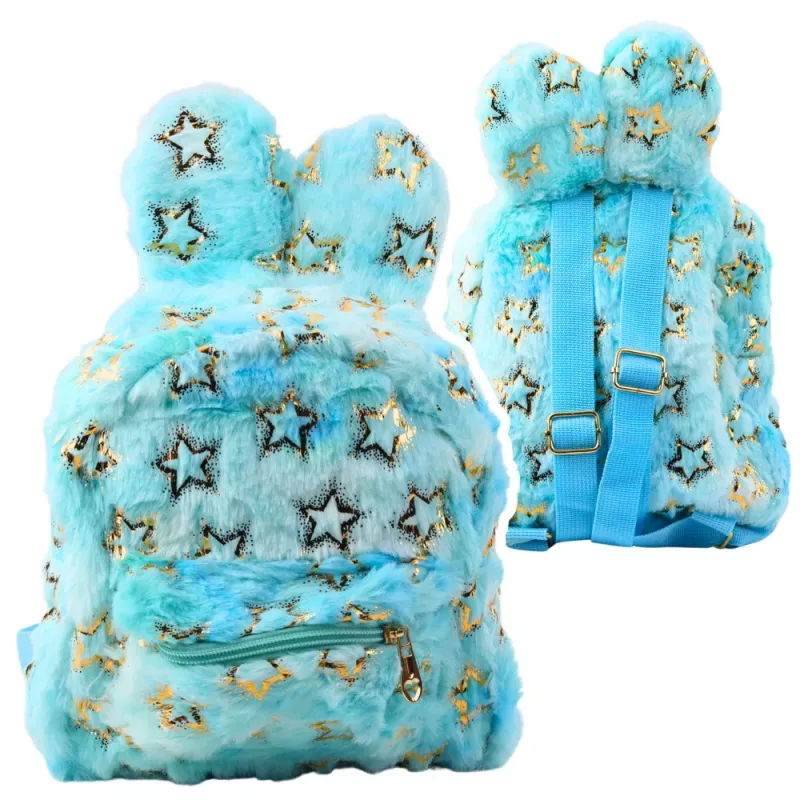 Mochila de peluche LEAN com orelhas, estrelas douradas, criança, azul