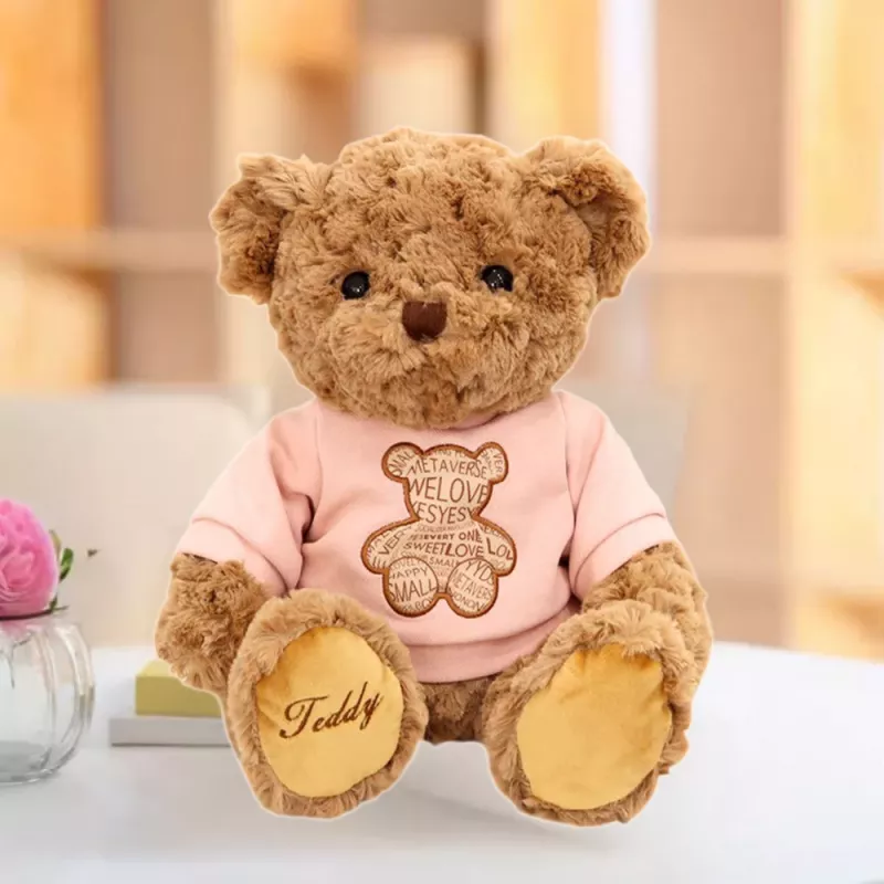 LEAN TOYS Peluche mascote, peluche urso com t-shirt rosa, castanho, 30 cm
