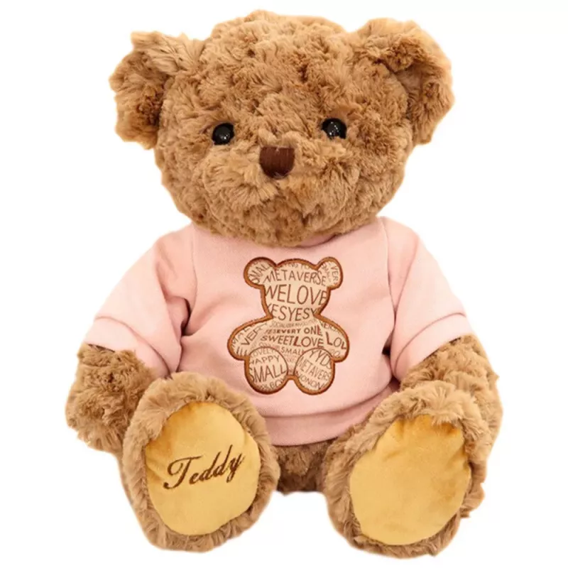 LEAN TOYS Peluche mascote, peluche urso com t-shirt rosa, castanho, 30 cm