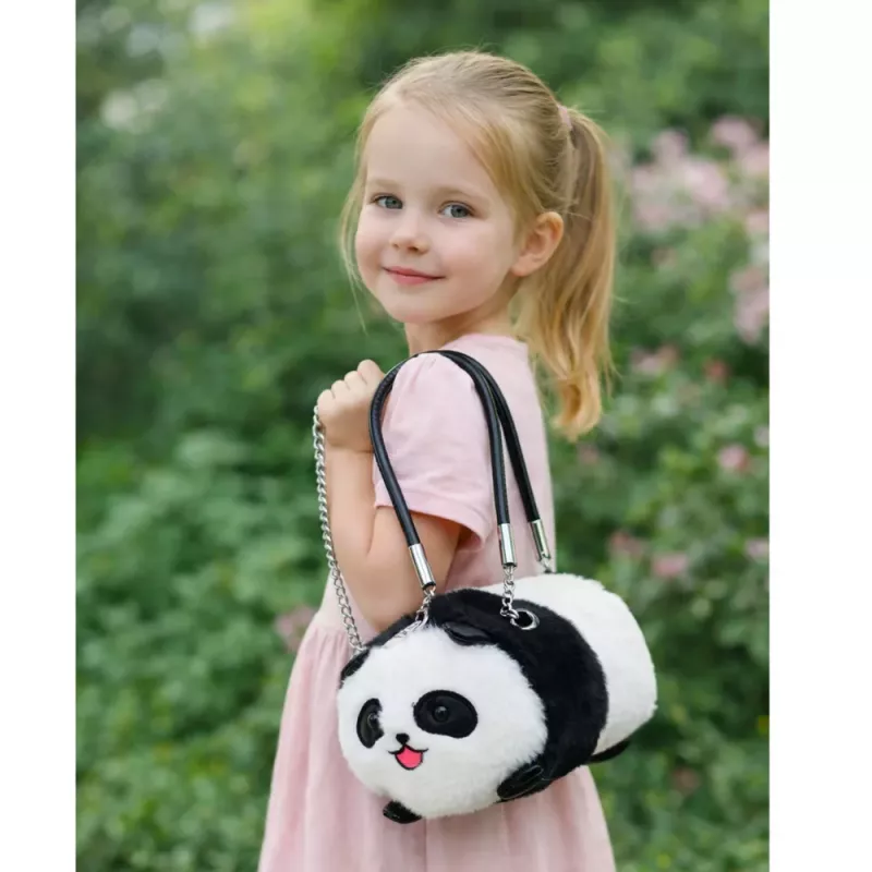 LEAN TOYS Bolsa de peluche panda com corrente metálica, preto e branco, 20 cm