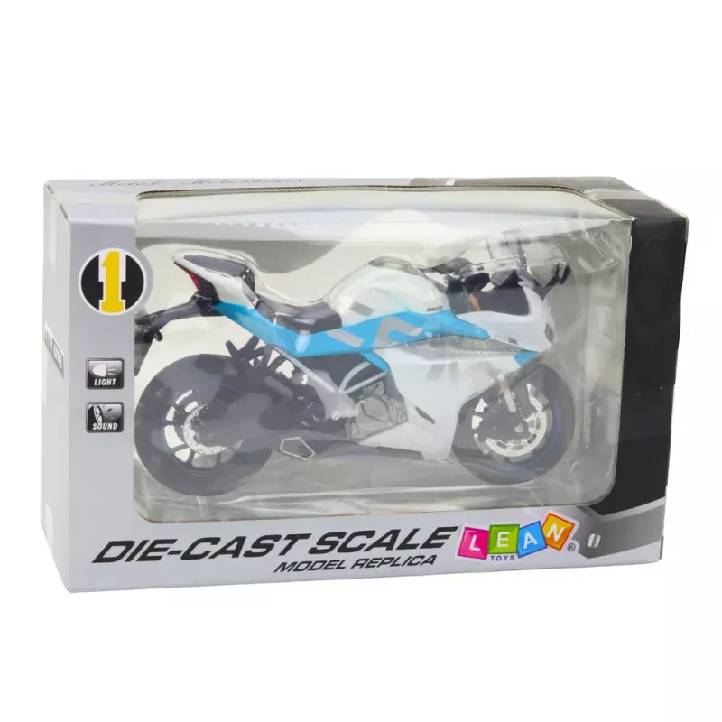 LEAN TOYS Mota desportiva metal luzes sons branco azul 1:12