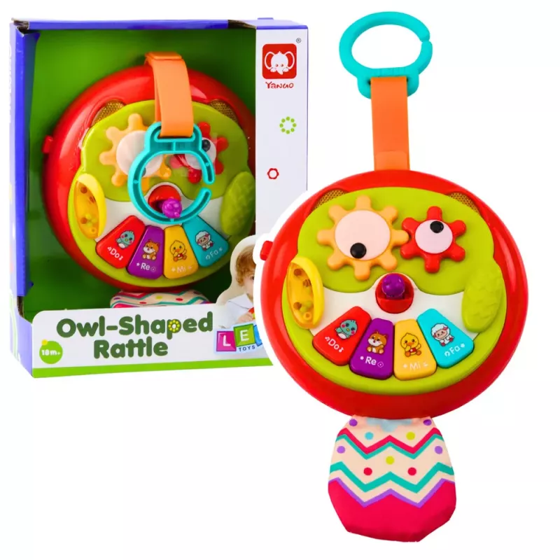 LEAN TOYS Pendente interativo de coruja com elementos móveis, piano e cauda com som de chocalho