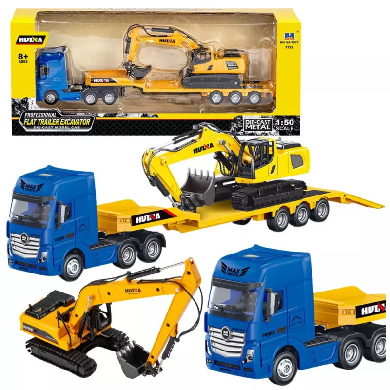 Huina 1:50 Camião de reboque com atrelado em metal fundido escavadora amarelo