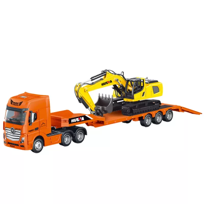 Huina 1:50 Camião de reboque em metal fundido com atrelado e escavadora laranja