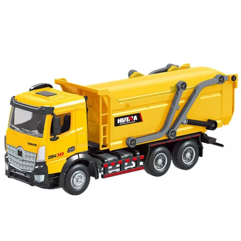 Huina 1:50 Camião de recolha de resíduos amarelo em metal fundido modelo colecionável móvel