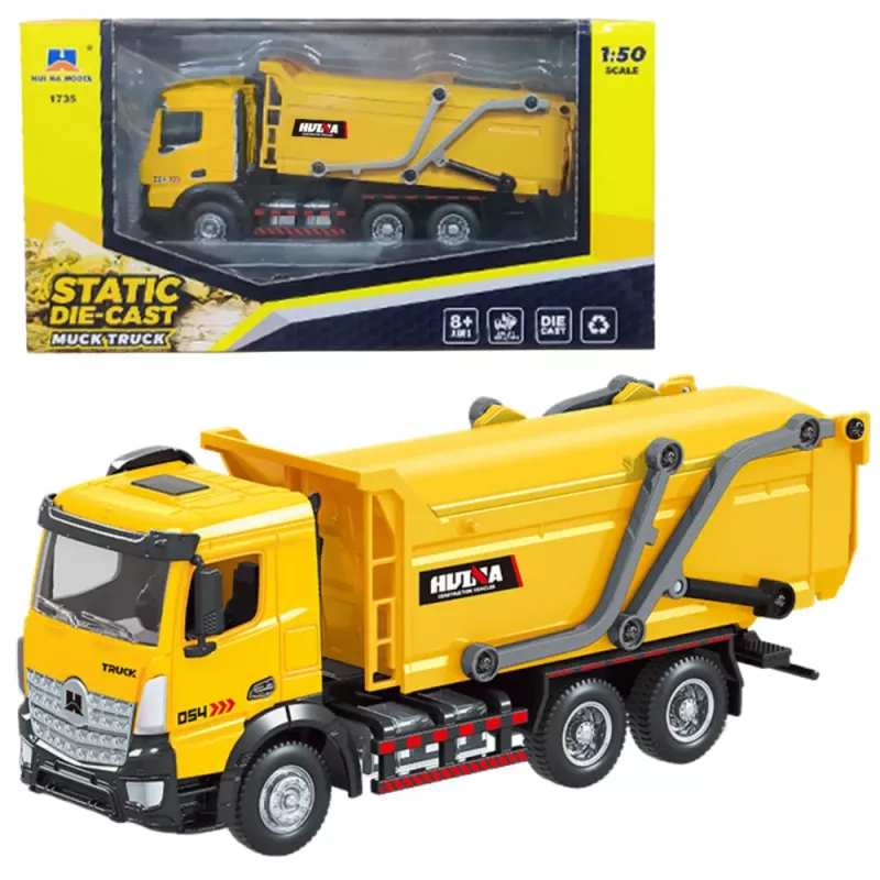 Huina 1:50 Camião de recolha de resíduos amarelo em metal fundido modelo colecionável móvel
