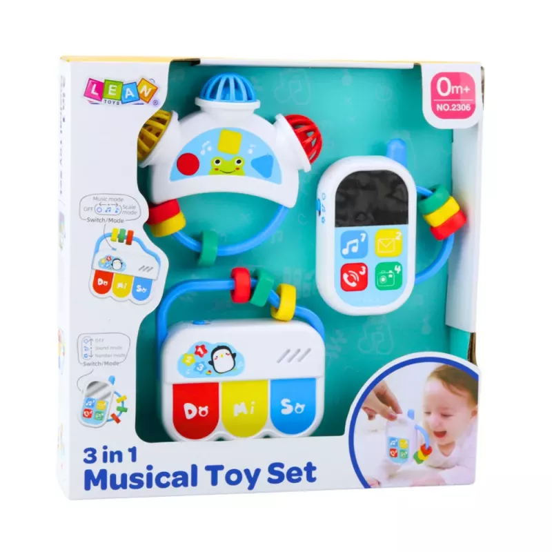 LEAN TOYS Conjunto de Brinquedos Musicais para Bebés - Telefone, Pandeireta, Teclas, 3 Peças